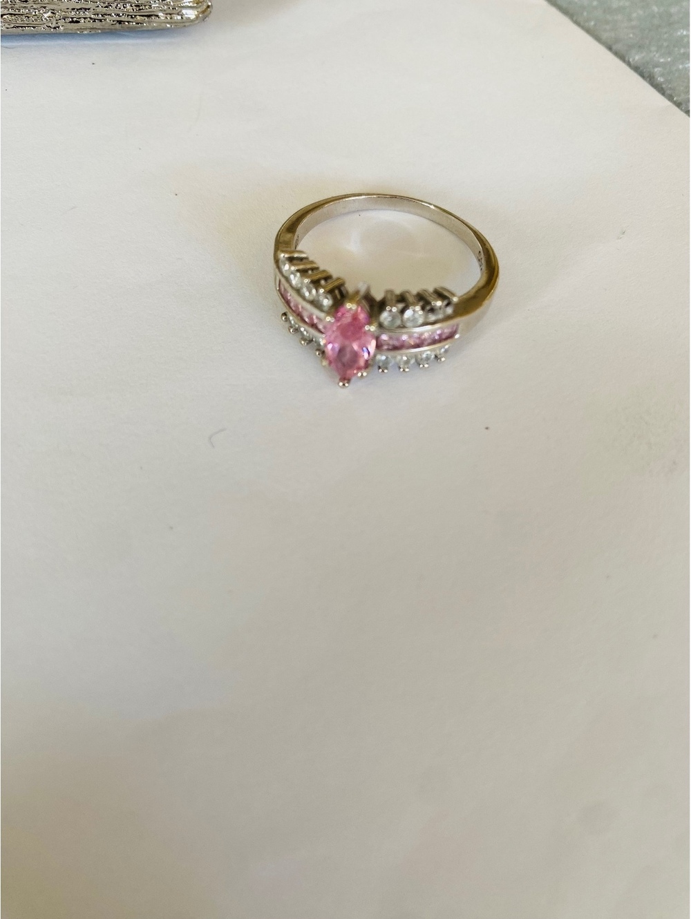 .925 Stamp Ring with Pink Marquise Cut Gemstone and CZ SZ 10